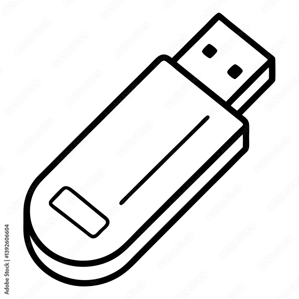 USB Flash Drive Coloring Book Page – Line Art Outline Drawing for Technology and Electronics Illustration