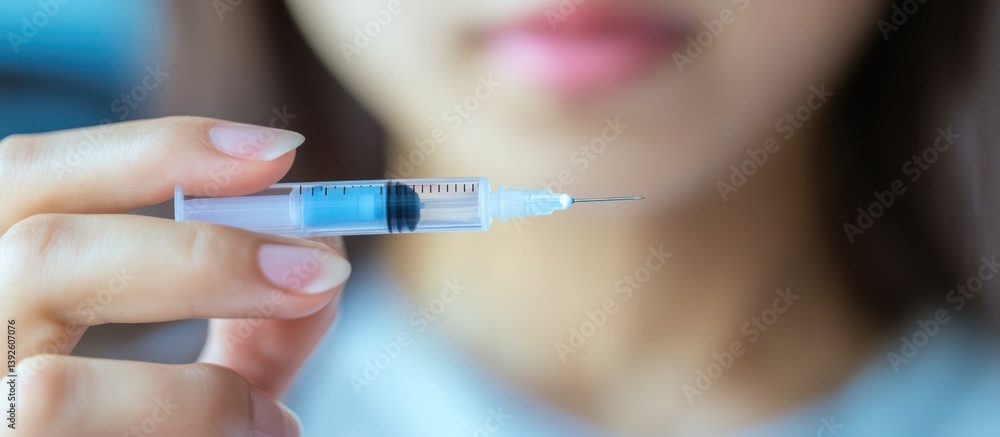 Vaccination readiness: Close-up of syringe held by woman for injection Vaccination readiness: Close-up of syringe held by woman for injection