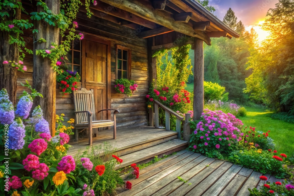 Obraz premium Serene Long Exposure of a Rustic Wooden Cottage Porch Overlooking a Blooming Garden A Peaceful Countryside Escape