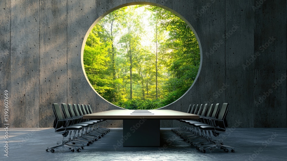 Biophilic office design with Spatial Experience of Nature. green modern conference office close to nature.