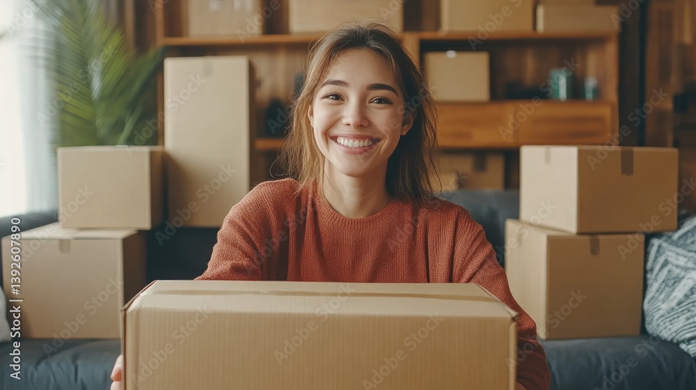 A happy freelancer sme businesswoman working with shipping boxes at home.