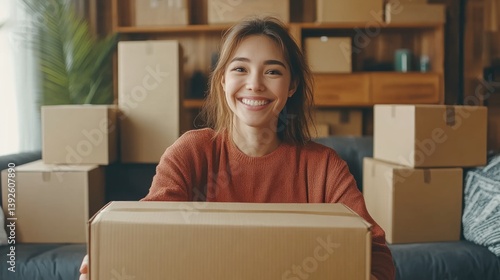 Obraz na płótnie A happy freelancer sme businesswoman working with shipping boxes at home. w salonie