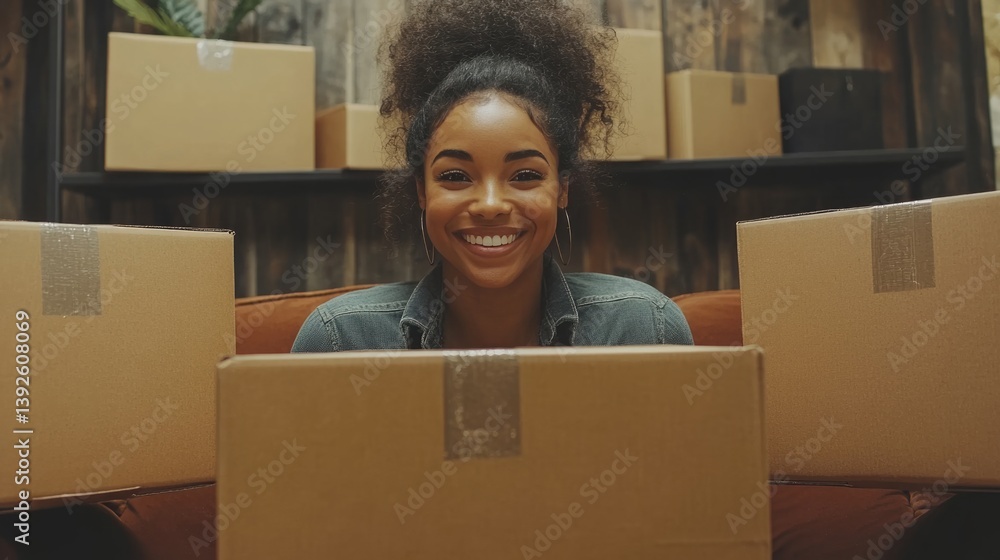 A happy freelancer sme businesswoman working with shipping boxes at home.