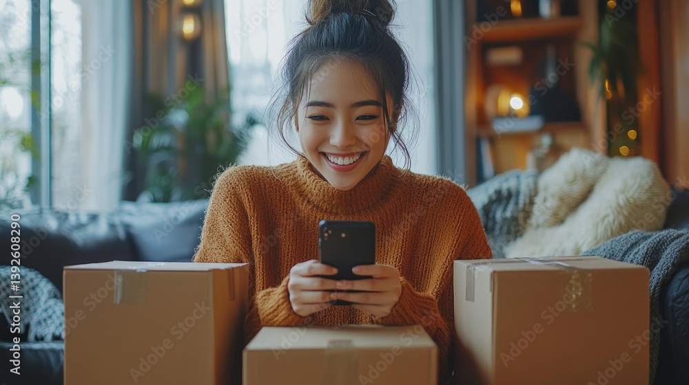 A happy freelancer sme businesswoman working online with smartphone and shipping boxes at home