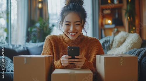 Obraz na płótnie A happy freelancer sme businesswoman working online with smartphone and shipping boxes at home w salonie