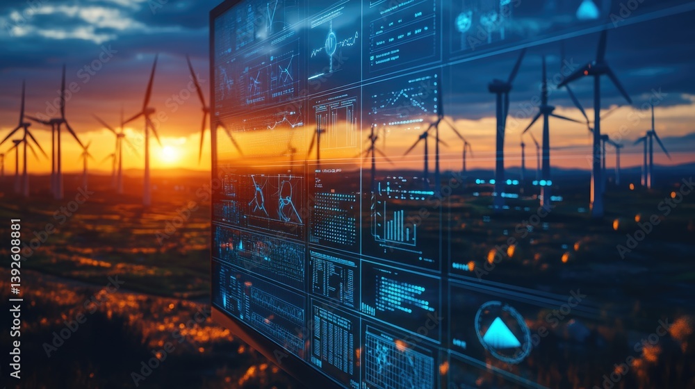 Wind turbines farm with Scada system on computer screen at operations controller room for operator engineer teamwork at power plant