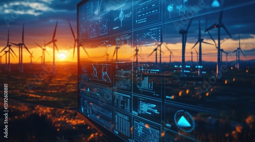 Obraz na płótnie Wind turbines farm with Scada system on computer screen at operations controller room for operator engineer teamwork at power plant w salonie