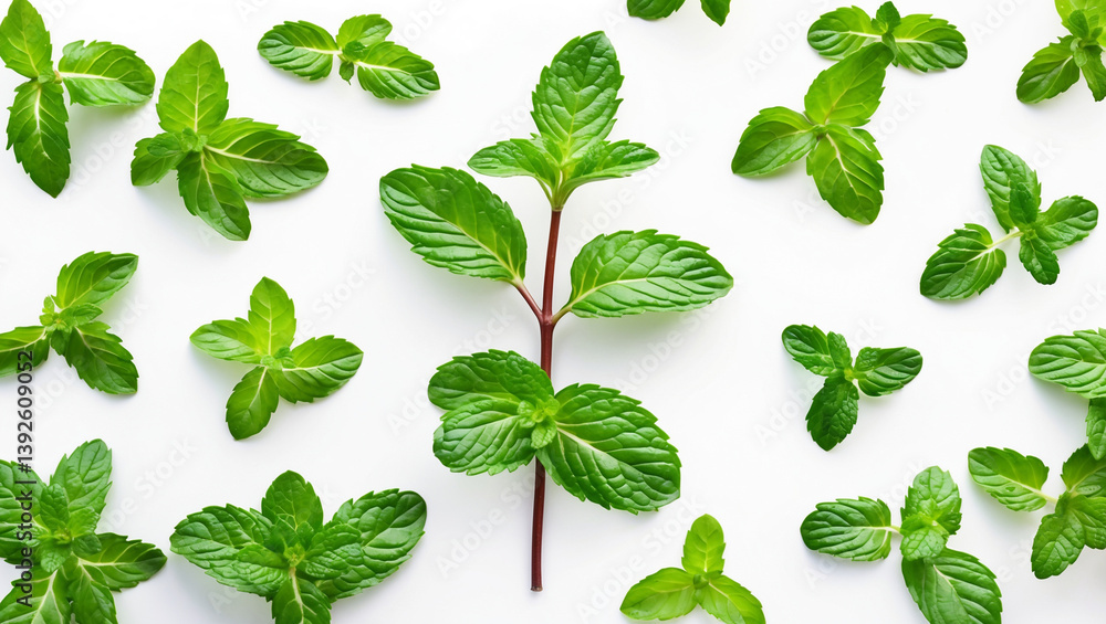 Fresh Mint Leaves On White Background Top View Herb Plant Pattern Fresh Mint Leaves On White Background Top View Herb Plant Pattern