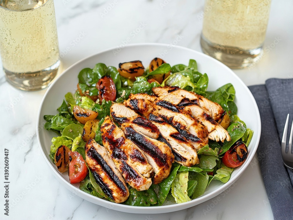Grilled Chicken Salad with Champagne in a Fresh and Healthy Meal Setting. Grilled Chicken Salad with Champagne in a Fresh and Healthy Meal Setting.