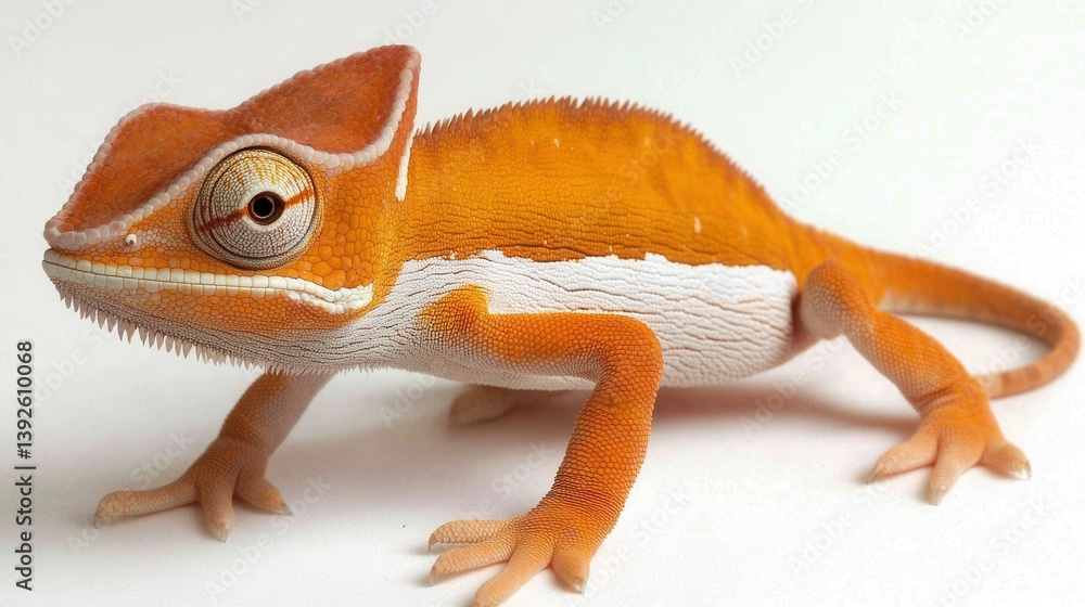 Fototapeta premium A vibrant orange and white chameleon with a focused gaze, captured in a detailed close-up. Its textured skin and delicate feet are prominent