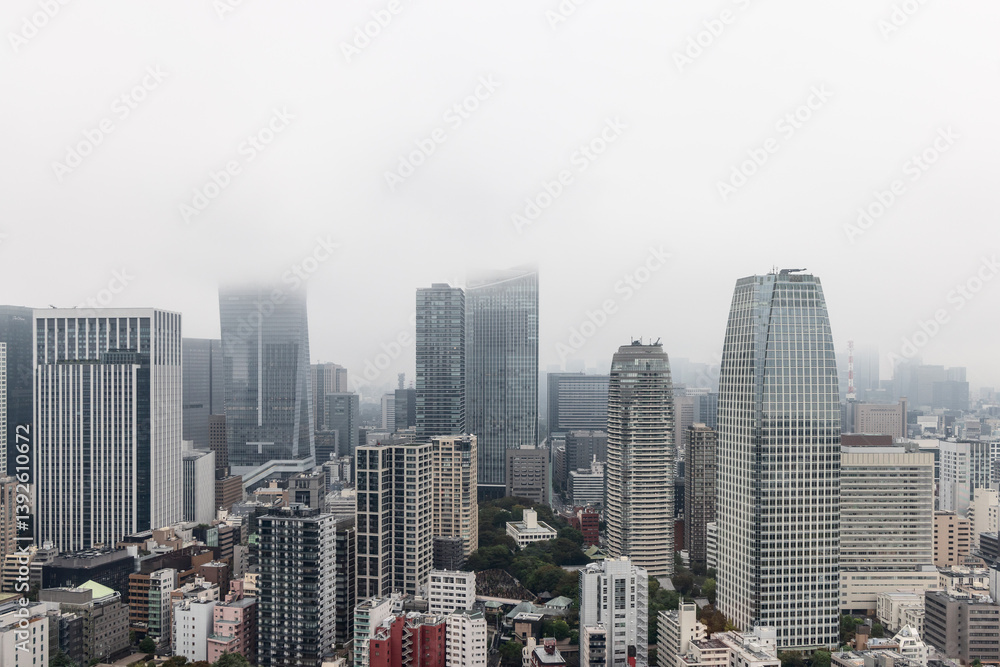 Obraz premium Foggy aerial view of Tokyo urban landscape from Tokyo Tower shows skyscrapers disappearing into the mist while dense architecture creates a layered and atmospheric cityscape