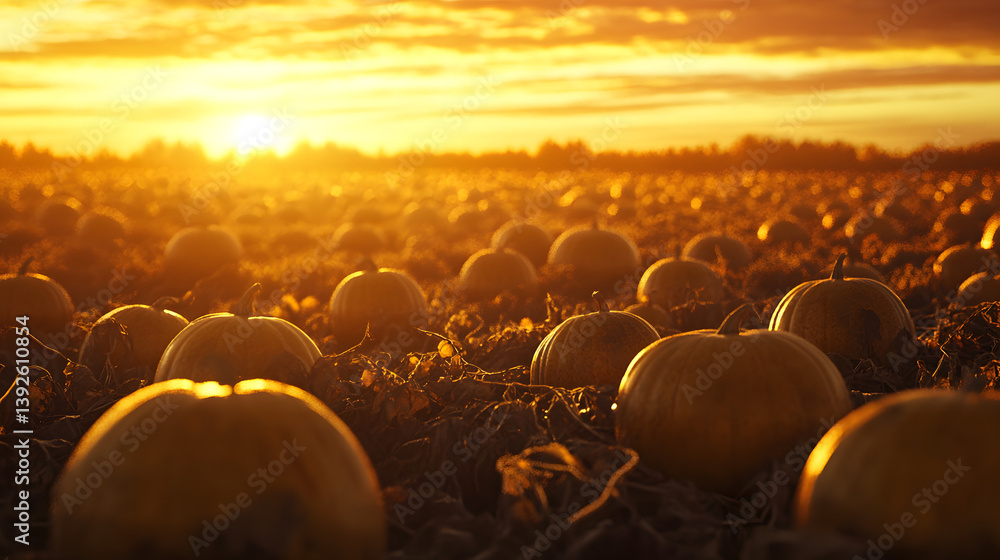 Fototapeta premium A peaceful pumpkin field at sunset, the golden light reflecting off the pumpkins, casting long, soft shadows and creating a tranquil atmosphere.