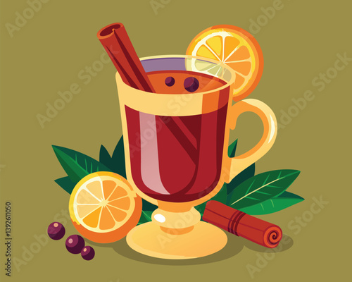 Mulled Wine with Cinnamon Stick and Orange Slice. Festive Winter Drink