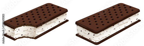 Whole and Bitten Cookies and Cream Ice Cream Sandwiches with Chocolate Crackers. Sweet Frozen Treat Isolated