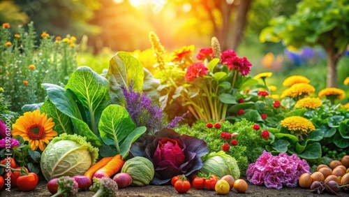 Fototapeta Naklejka Na Ścianę i Meble -  Vibrant vegetables growing in a lush green garden amidst colorful flowers and leaves , agriculture, farm,  agriculture, farm