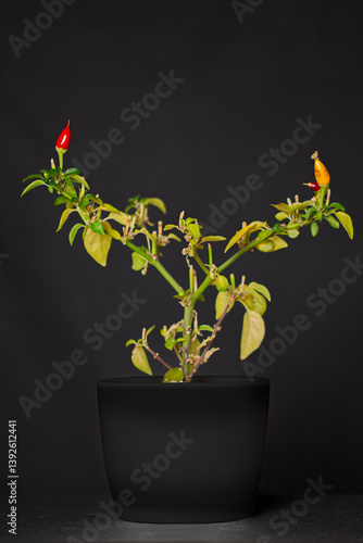 Chili peppers in a bush, photographed in the studio