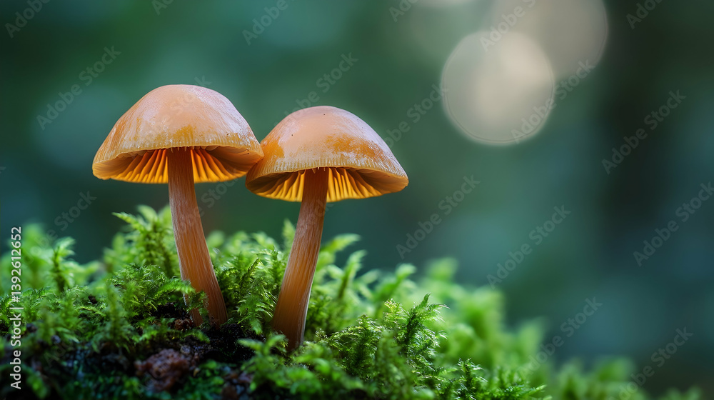 Fototapeta premium Two mushrooms on moss, forest background, nature photography, website
