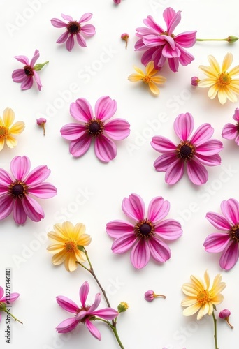 Delicate blooms scattered on pristine white backdrop, celebration, minimal