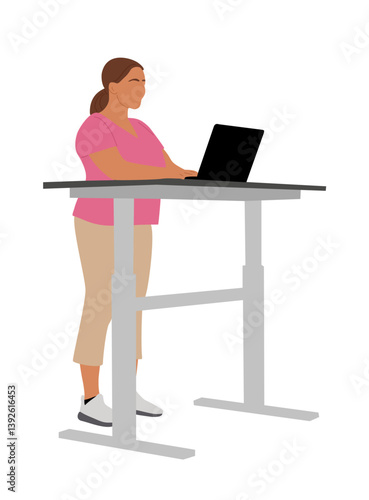 Business woman working at modern ergonomic workplace vector flat illustration isolated on white background. Curly girl in casual attire standing behind innovative furniture, desk with laptop.