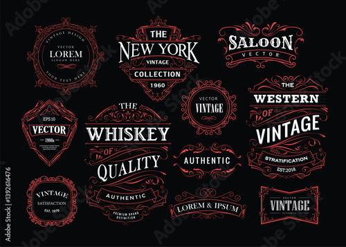 Set of antique frame whiskey label vintage retro vector illustration
