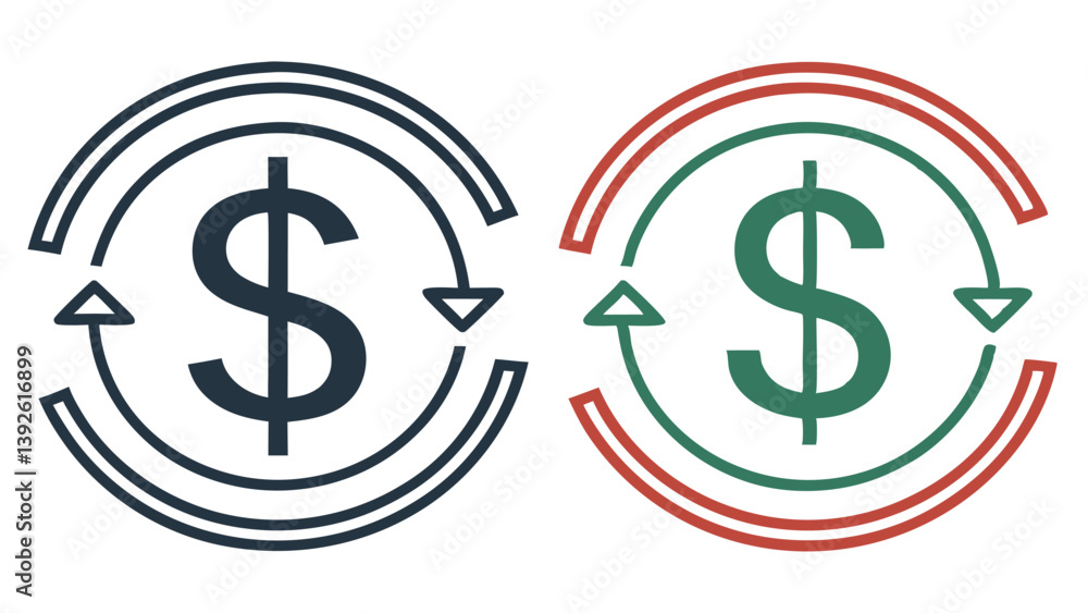 Obraz premium Dollar Symbol With Circular Arrows Financial Concept Two Color Variants Isolated