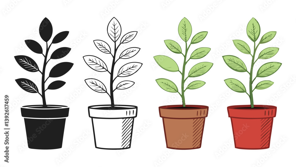 Potted Plant Illustrations Black Outline Color Various Styles Growth Concept Potted Plant Illustrations Black Outline Color Various Styles Growth Concept