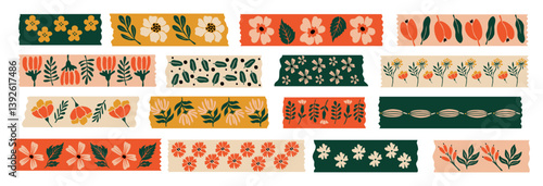 Washi tapes flowers collection. Colorful scrapbook stripes, sticky label tags and decorative scotch strip with floral abstract elements. Vector colorful illustration on white background.