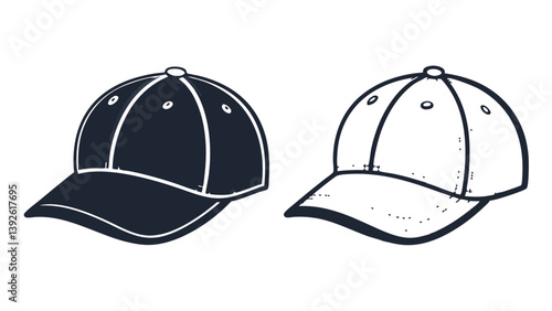 Two Baseball Caps Vector Graphic In Line Art Style Isolated Illustration