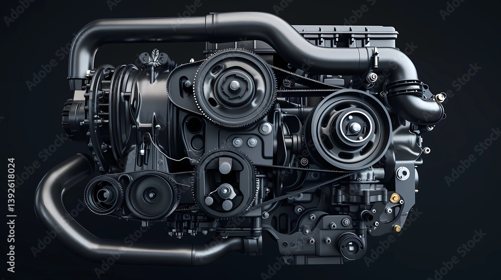 A car engine on a black background in black and grey colors, product photography, Generative AI illustrations. A car engine on a black background in black and grey colors, product photography, Generative AI illustrations.