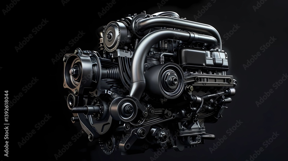 A car engine on a black background in black and grey colors, product photography, Generative AI illustrations. A car engine on a black background in black and grey colors, product photography, Generative AI illustrations.