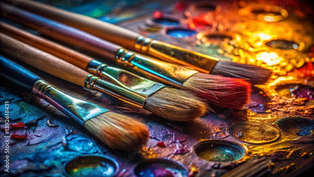 Fototapeta premium Intriguing Still Life Artistic Paintbrushes and Palette in LowLight Evoking a Sense of Mystery and Creativity