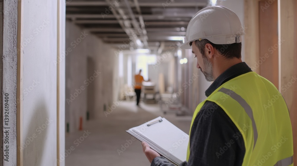 A building inspector assessing building quality at a site. Featuring thoroughness and vigilance A building inspector assessing building quality at a site. Featuring thoroughness and vigilance