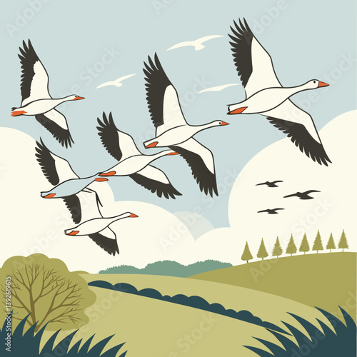 A vector illustration of a V-shape flying flock of migratory geese, showcasing their graceful flight formation in nature.