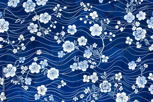 Blue and white floral patterned background with white flowers