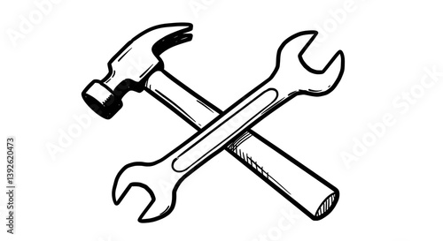 Crossed hammer and wrench in black and white line art illustration.