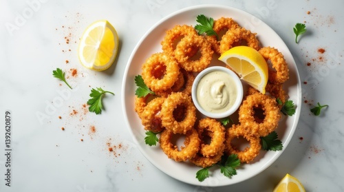 Wallpaper Mural Deliciously crispy onion rings served with zesty lemon and creamy dipping sauce on a marble countertop Torontodigital.ca