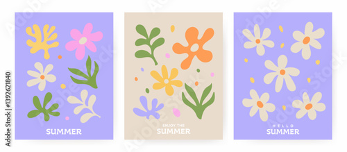 A stylish vector summer collection showcasing abstract flowers, leaves, and organic shapes. Ideal for contemporary minimalist designs in advertising, branding, posters, prints, and festive occasions.