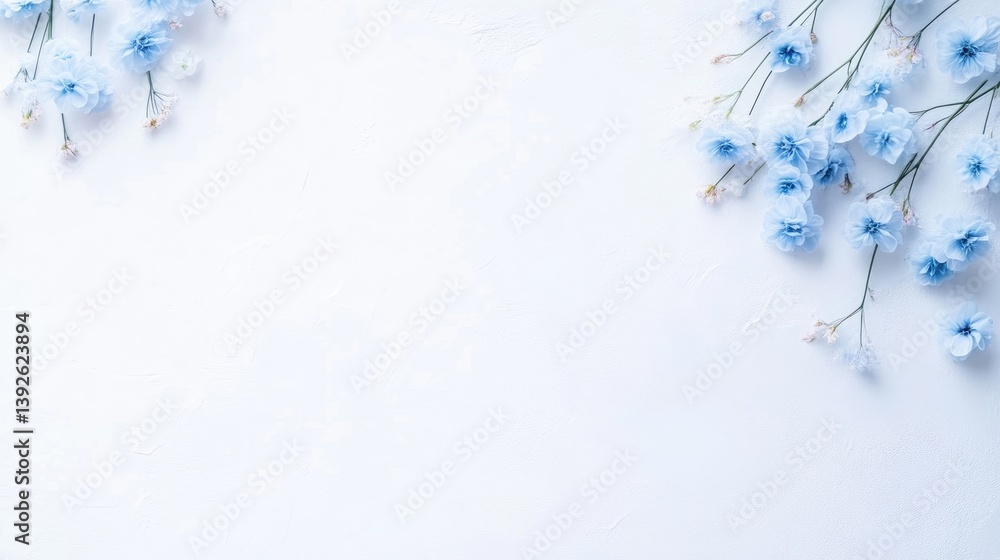 Obraz premium Delicate light blue flowers on a light background. Soft, pastel floral arrangement with a minimalist aesthetic, perfect for a card, invitation, or other design projects