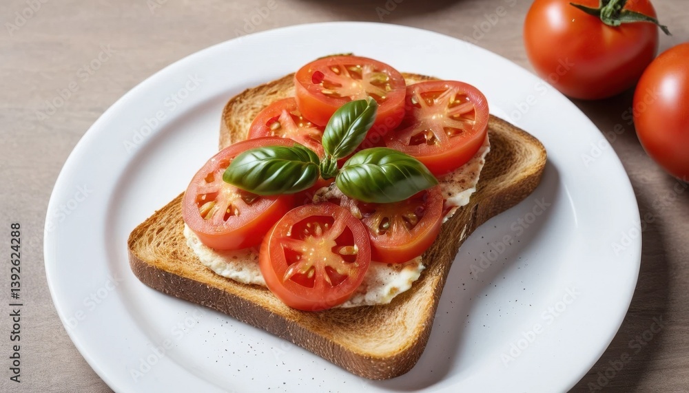 Delicious Italian bruschetta with fresh tomato and basil is a healthy vegetarian appetizer or snack served on toasted bread Delicious Italian bruschetta with fresh tomato and basil is a healthy vegetarian appetizer or snack served on toasted bread