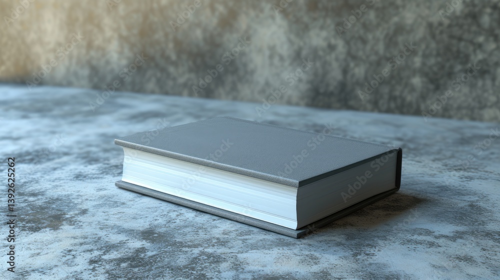 Gray Hardcover Book Rests On Concrete Surface Against Blurred Background.