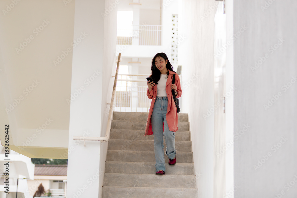 Young student walking down the stairs while using smartphone Young student walking down the stairs while using smartphone