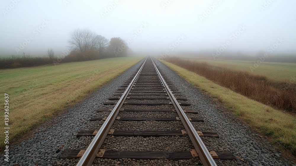 Fototapeta premium Foggy Railroad Tracks Through Fields