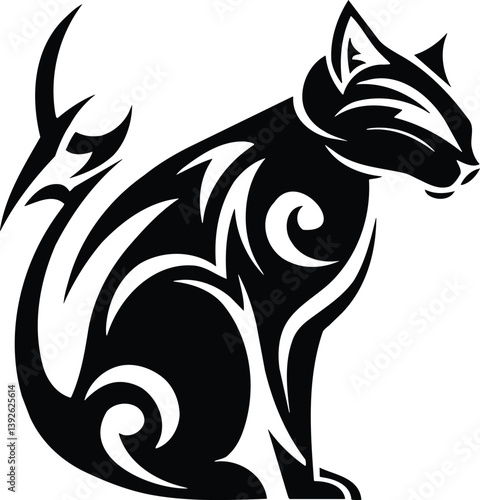 Tribal Cat Black and White Silhouette Illustration