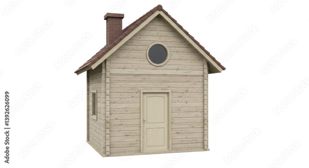Isolated Wooden Cabin with Chimney and Round Window Isolated Wooden Cabin with Chimney and Round Window