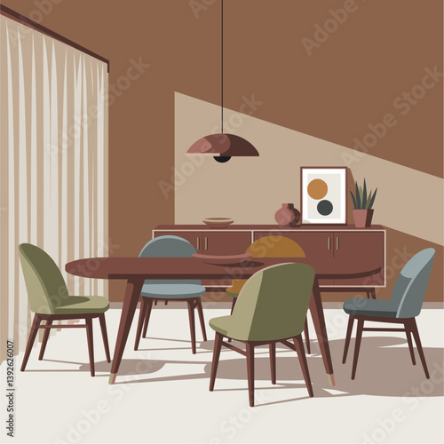 Dining room with A table with chairs and a lamp hanging above it. The chairs are of different colors. The table is wooden and the room decorated in mid century modern style. Vector illustration