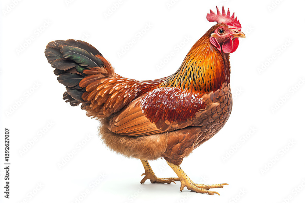 Fototapeta premium a rooster with a red comb standing on a white surface