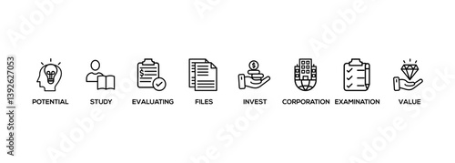 Due diligence banner web icon vector illustration concept with icon of potential, study, evaluating, files, invest, corporation, examination and value