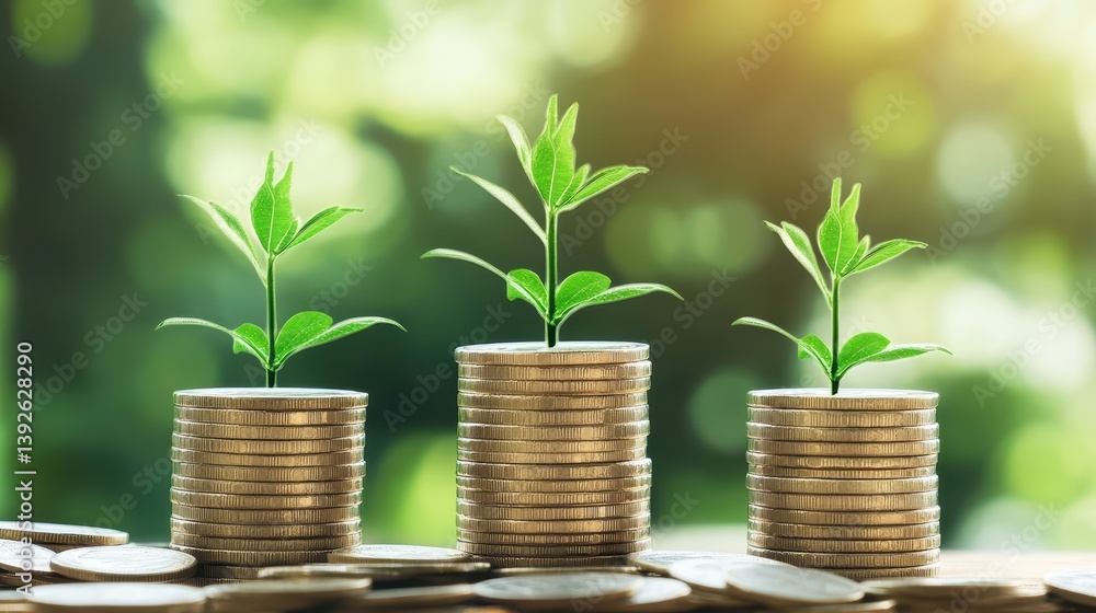 Stacks of Coins with Growing Plants Symbolizing Financial Growth and Sustainability. Stacks of Coins with Growing Plants Symbolizing Financial Growth and Sustainability.