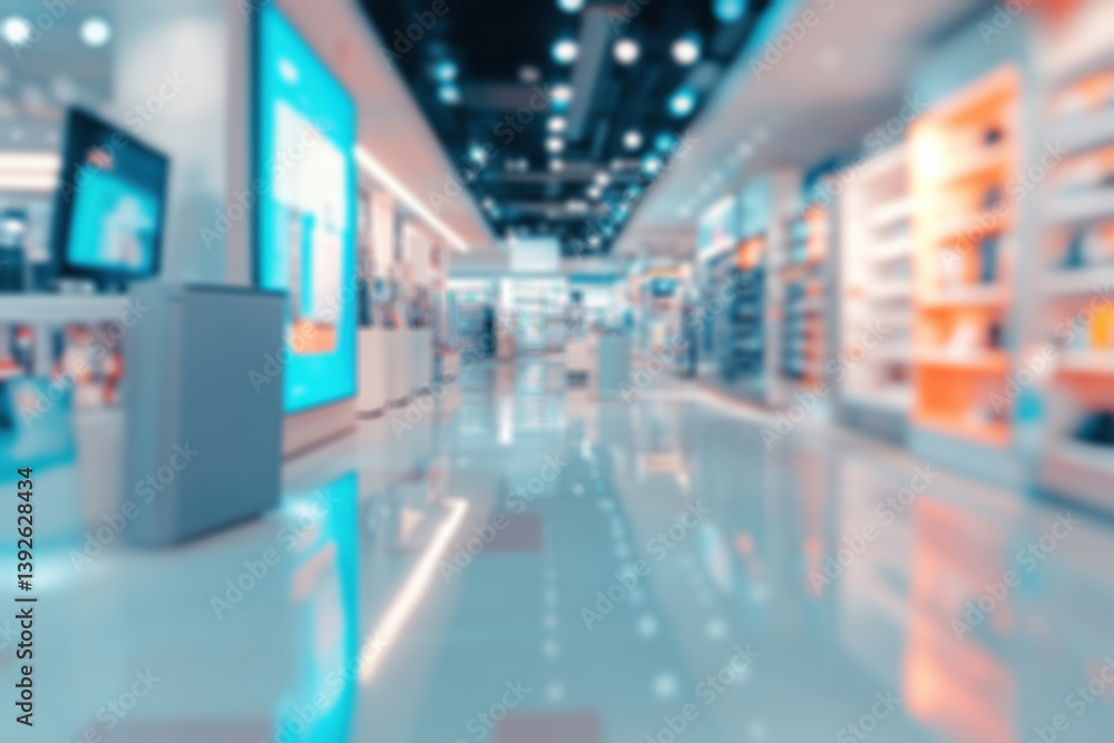 Blurred perspective of a department store interior with bright displays and a shiny floor reflecting the overhead lighting and structures. Blurred perspective of a department store interior with bright displays and a shiny floor reflecting the overhead lighting and structures.