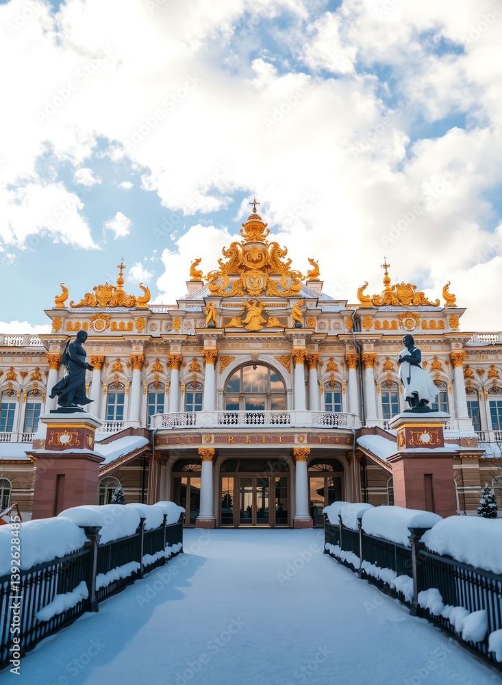 Obraz premium an image of a large building with a lot of snow on the ground, there is a large building with a golden roof and a gate